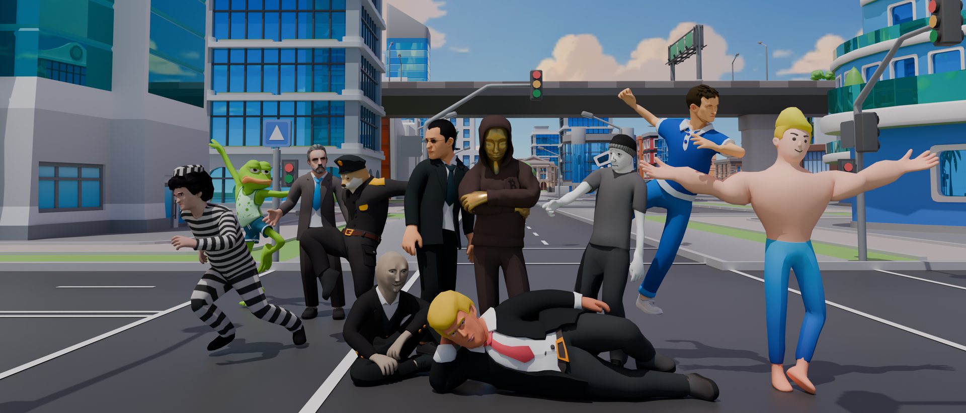 Creek211 — the full character cast lined up on a city street